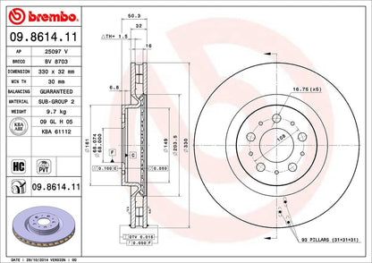 BREMBO 09861411C02 Brembo 09.8614.11 UV Coated Pillar Vented Front Brake Rotor VOLVO OE# 30645222