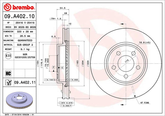 BREMBO 09A40211C02 Brembo 09.A402.11 UV Coated vented Front Brake Rotor CHRYSLER/DODGE OE# 04779196AA