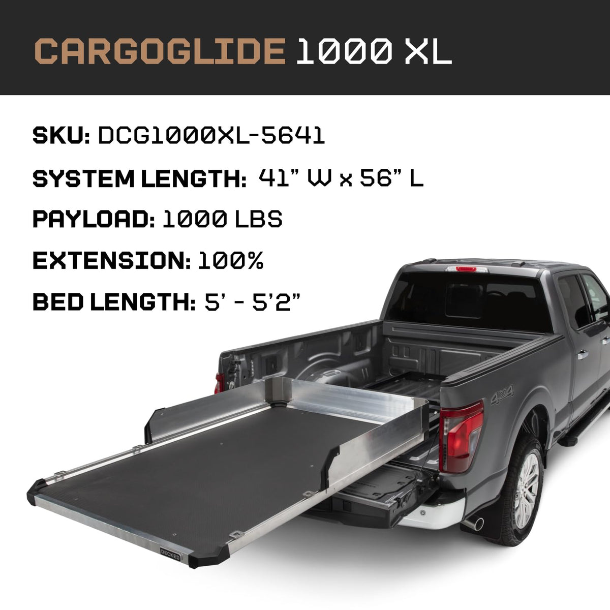 Decked DCG1000XL-5641 CargoGlide XL Truck Bed Slide – 1000 lb Capacity, 100% Extension – Heavy-Duty Pickup Cargo Slide for Easy Bed Access – Compatible with CargoGlide 1000XL / 100% / 41" W / 56" L for Midsize - Short