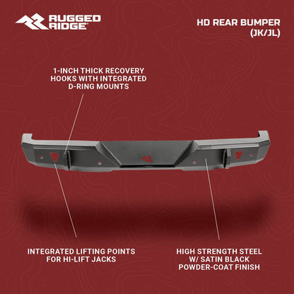 RUGGED RIDGE 11540.36 Rugged Ridge HD Bumper - Fits Rear 2018–2025 Jeep Wrangler JL - Full-Width - Trail-Tested Steel Construction - Off-Road Ready Exterior Accessory - Black
