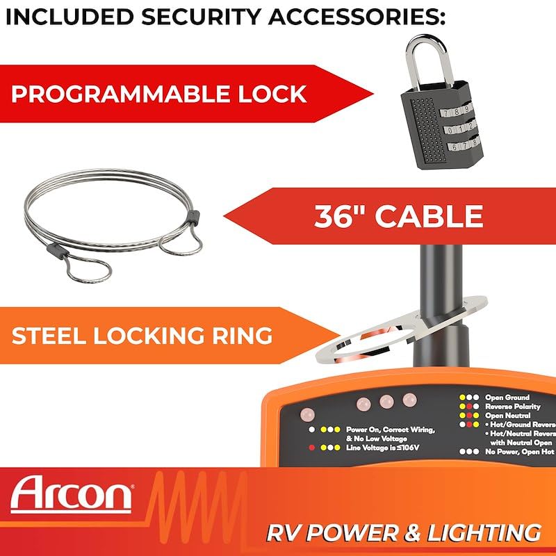 ARCON 19758 Arcon 19758 Portable 30 Amp 120 Volt RV Surge Protector with CETL Certification, 3600 Joules Power Surge Protection, Low Voltage & Fault Indicator Lights, Lock and 36 Inch Cable Included