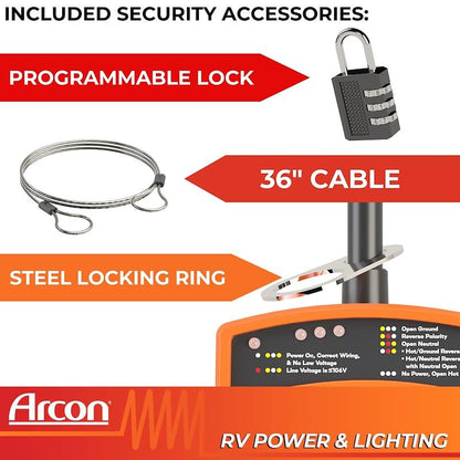 ARCON 19758 Arcon 19758 Portable 30 Amp 120 Volt RV Surge Protector with CETL Certification, 3600 Joules Power Surge Protection, Low Voltage & Fault Indicator Lights, Lock and 36 Inch Cable Included