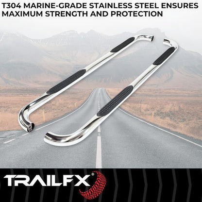 TRAILFX A0063S Nerf Bars Fits Jeep Gladiator JT 2020-2025 Polished Stainless Steel 3-Inch Round Bent Rocker Panel Mounted Side Steps with Slip-Resistant Step Pads Curved Ends TrailFX A0063S