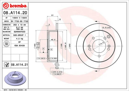 BREMBO 08A11421C02 Brembo 08.A114.21 UV Coated solid Rear Brake Rotor HYUNDAI/HYUNDAI (BEIJING)/KIA/KIA (DYK) OE# 5841139600