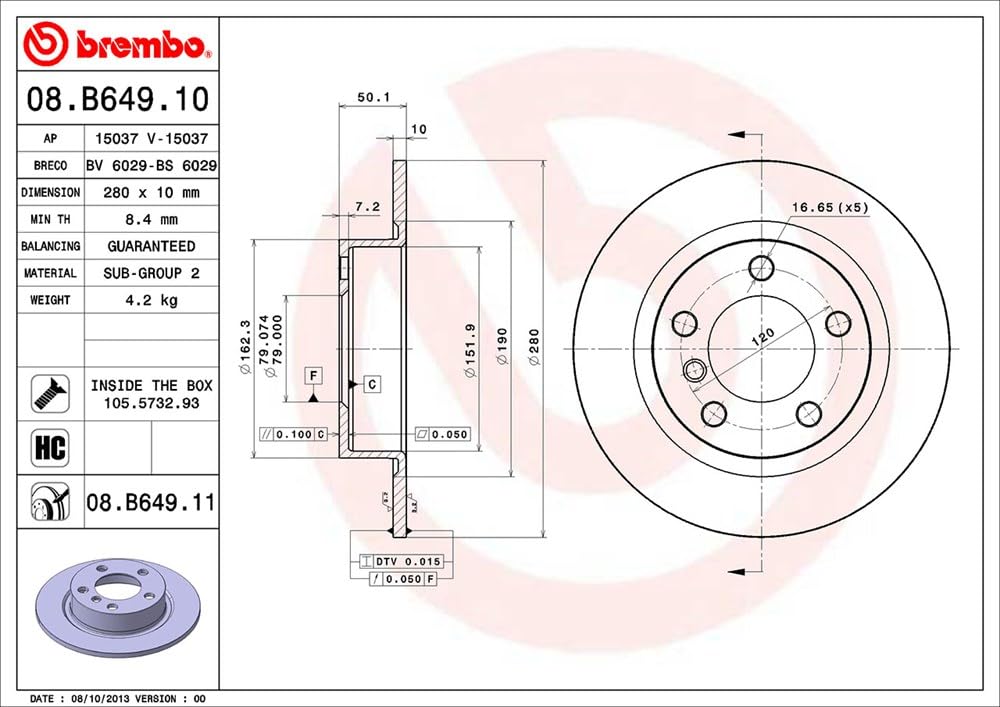 Brembo 08.B649.11 UV Coated solid Rear Brake Rotor MINI OE#