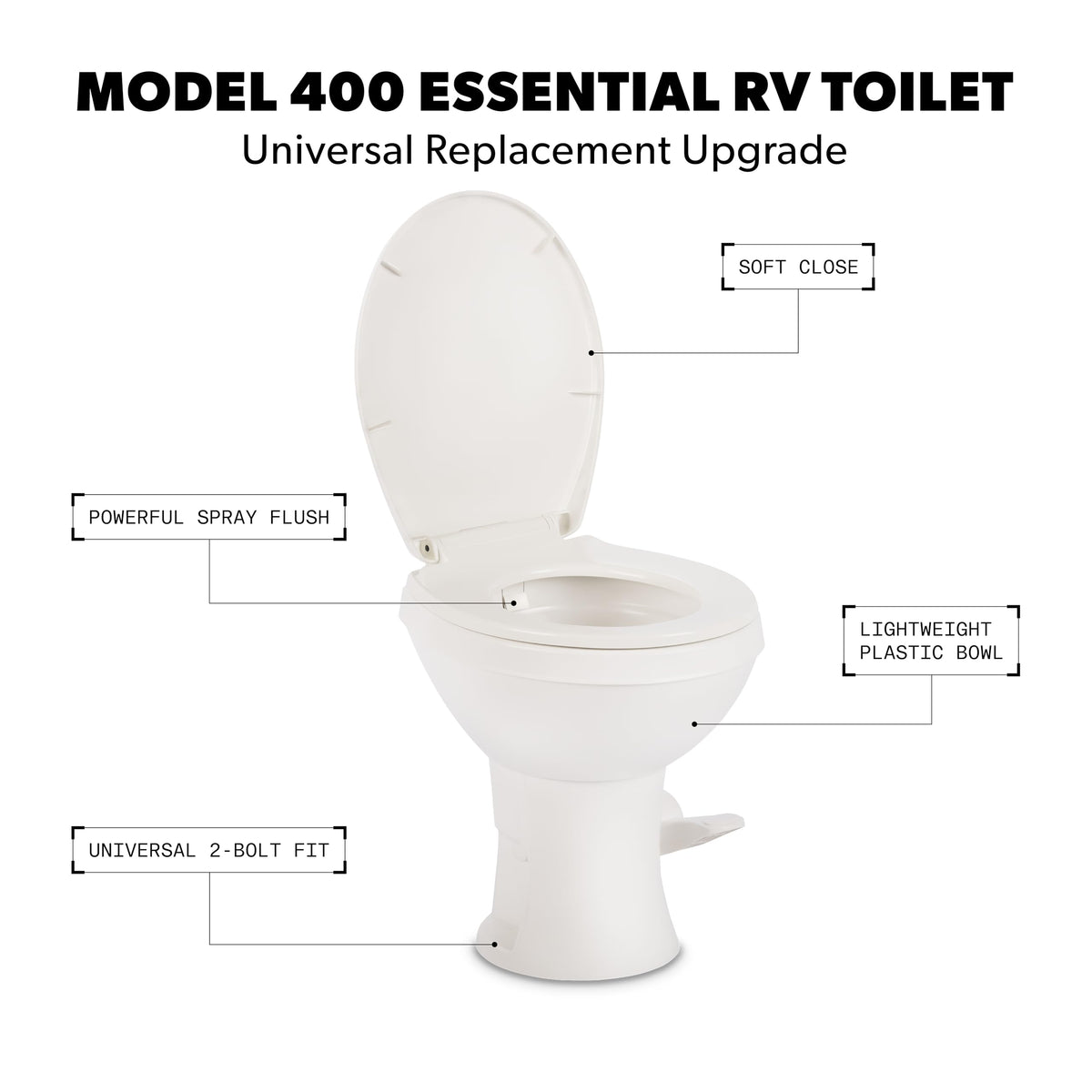 DOMETIC 9610008275 Dometic Model 400 Essential RV Toilet – Round Lightweight Plastic Bowl, Universal Fit & 2-Bolt Mount, 18" Chair Height Residential Style, Gravity Flush Toilet with Soft-Close Seat, White (9610008275)