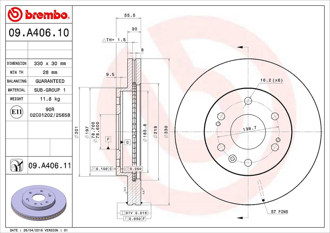 BREMBO 09A40611C02 Brembo 09.A406.11 UV Coated vented Front Brake Rotor CADILLAC/CHEVROLET OE# 88963556