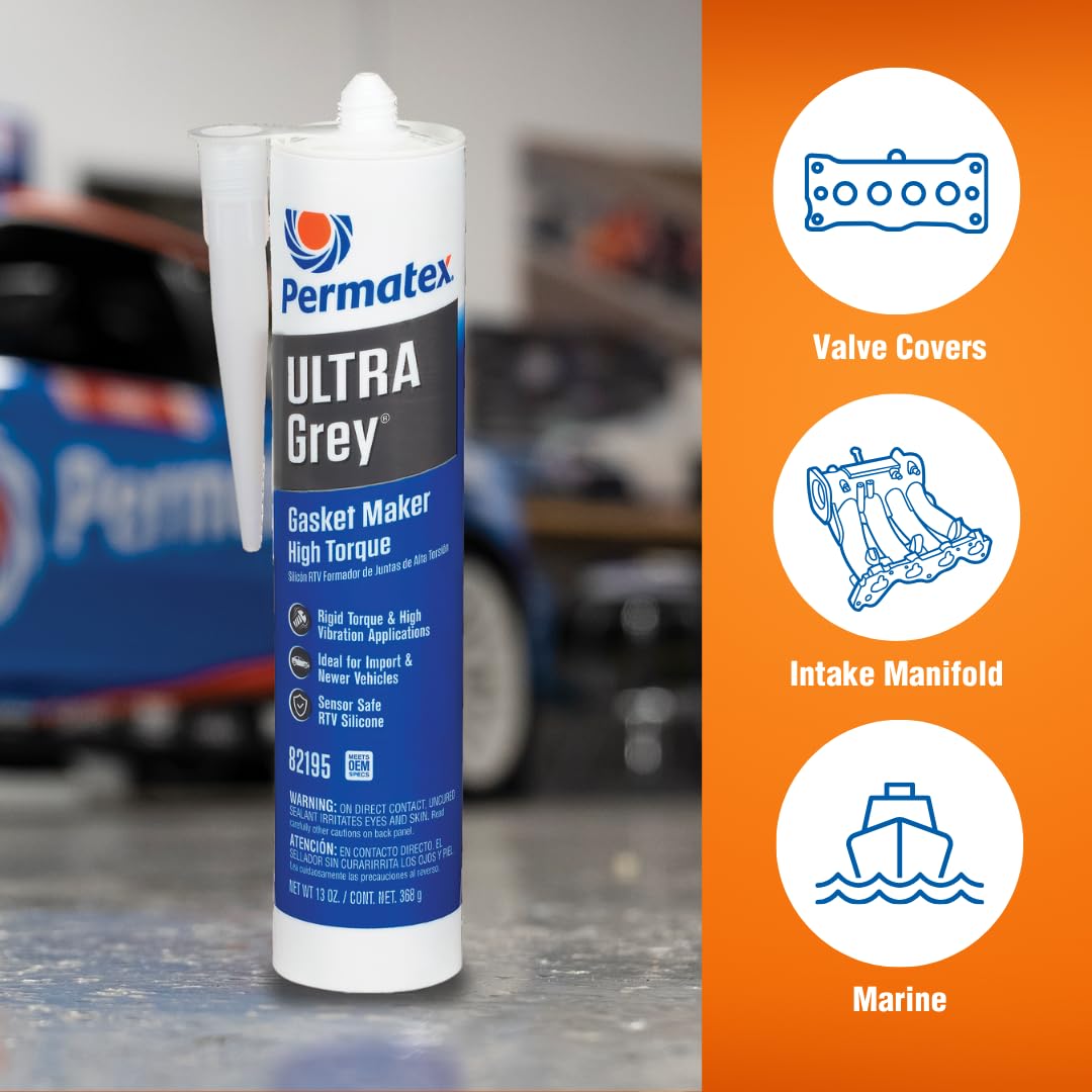 PERMATEX 82195 Permatex 82195 Ultra Grey Rigid High-Torque RTV Silicone Gasket Maker, Sensor Safe and Non-Corrosive, for High Torque and Vibration Resistant Applications, 13 oz