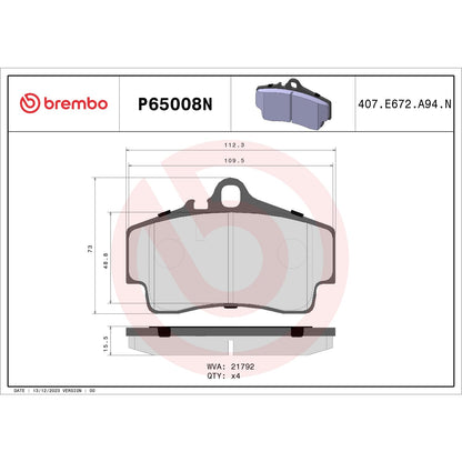 BREMBO P65008N Brembo P65008N Premium Ceramic Rear Disc Brake Pad Set PORSCHE OE# 98635293910