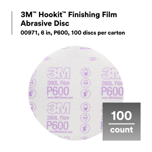 3M 00971 3M Hookit Finishing Film Abrasive Disc, 260L, 00971, 6 in, P600