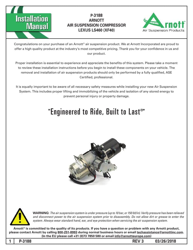 ARNOTT P-3188 Arnott P-3188 OES Air Suspension Compressor-07-17 Lexus Ls460 (Usf40/41, Usf45/46) & 08-12 Ls 600H L (Uvf45/46) -Swb/Lwb, Rwd/AWD