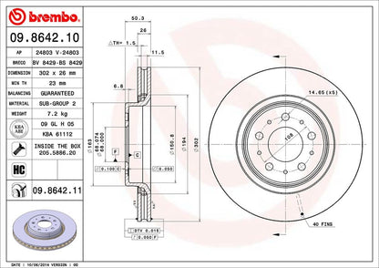 BREMBO 09864211C02 Brembo 09.8642.11 UV Coated vented Front Brake Rotor VOLVO OE# 31262095