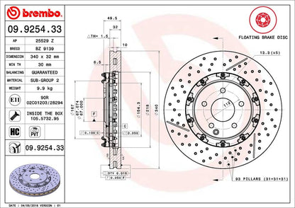 BREMBO 09925433C02 Brembo 09.9254.33 Floating two piece UV Coated Pillar Vented drilled + Slotted Front Brake Rotor MERCEDES-BENZ OE# A1714210112