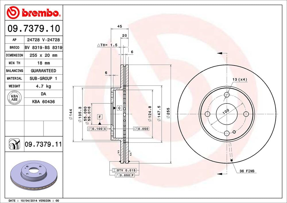 BREMBO 09737911C02 Brembo 09.7379.11 UV Coated vented Front Brake Rotor MAZDA OE# N0263325XC