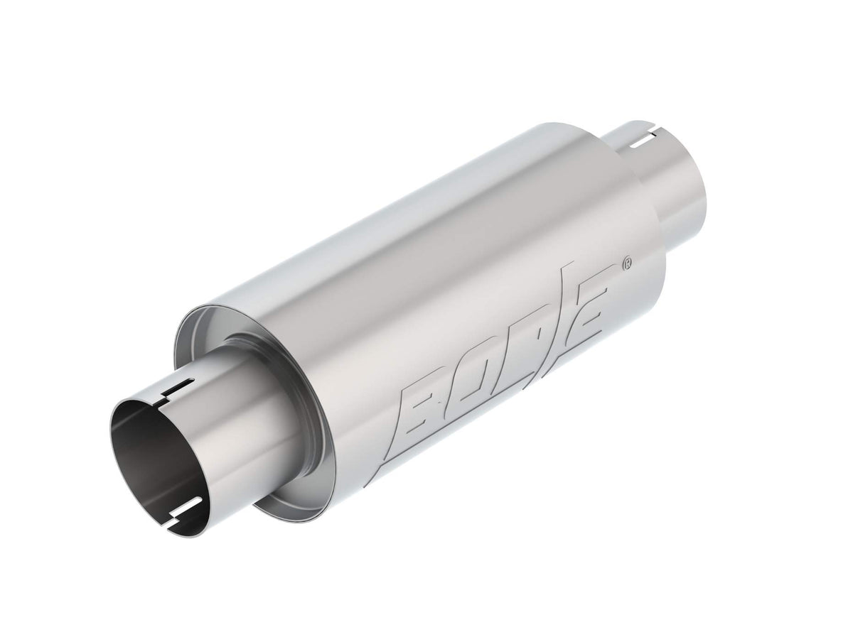 BORLA 401343 BORLA 401343 Resonator/Specialty Resonator - 3" Center Inlet/ 3" Center Outlet 5" Round x 10" Long Body 15" Overall Length. Universal Part. Reversible Design. Notched Necks.