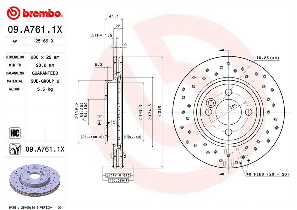 BREMBO 09A7611XC02 Brembo 09.A761.1X Xtra UV Coated vented drilled Front Brake Rotor MINI OE# 34116858651