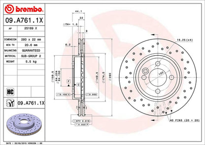 BREMBO 09A7611XC02 Brembo 09.A761.1X Xtra UV Coated vented drilled Front Brake Rotor MINI OE# 34116858651