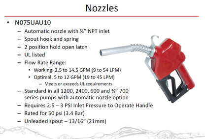 FILL RITE N075UAU10 Fill-Rite N075UAU103/4"" Auto Nozzle w/HookUnleaded GasolineRed 2.5-14.5 GPMEnd of Delivery Hose - 1 Each