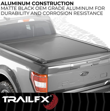 TRAILFX TFX6003 TrailFX TFX6003 Hard Retractable Tonneau Cover Fits 2015-2025 Ford F-150 with 5.5 Foot Bed Manual Retractable with Key Lock Black Matte Powder Coated Aluminum T-Slot Rails Clamp-On