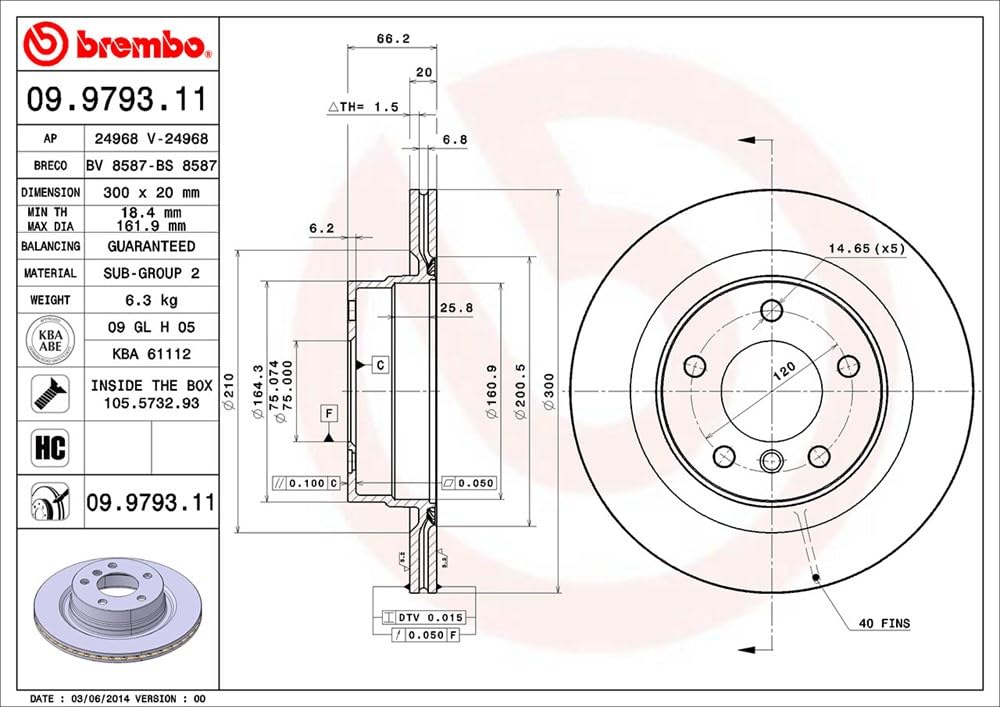 BREMBO 09979311C02 Brembo 09.9793.11 UV Coated vented Rear Brake Rotor BMW/BMW (BRILLIANCE) OE# 34216855007