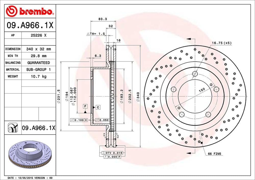 BREMBO 09A9661XC02 Brembo 09.A966.1X Xtra UV Coated vented drilled Front Brake Rotor LEXUS/TOYOTA/TOYOTA (FAW) OE# 4351260180