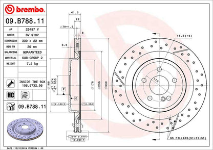 BREMBO 09B78811C02 Brembo 09.B788.11 UV Coated Pillar Vented drilled + Slotted Rear Brake Rotor MERCEDES-BENZ OE# A1724230112