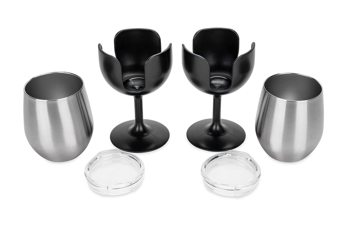 CAMCO 53485 Camco Life is Better at The Campsite Wine Tumbler – Heavy Duty Double Wall Vacuum Insulation – Crafted of 18/8 Stainless Steel – Features Removable Black Stems – 2-Pk, 8-oz/Each (53485)