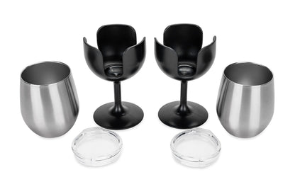 CAMCO 53485 Camco Life is Better at The Campsite Wine Tumbler – Heavy Duty Double Wall Vacuum Insulation – Crafted of 18/8 Stainless Steel – Features Removable Black Stems – 2-Pk, 8-oz/Each (53485)