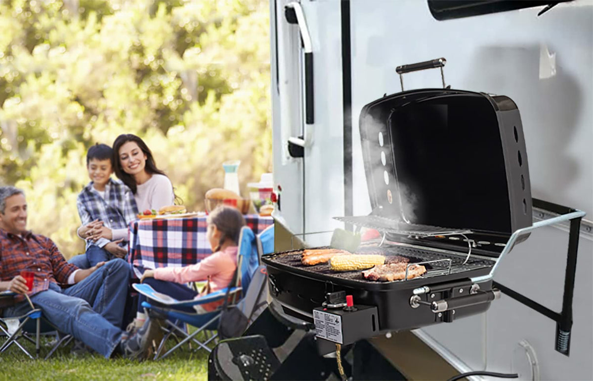 FLAME KING YSN-HT-500 Flame King - YSNHT500 RV Or Trailer Mounted BBQ - Motorhome Gas Grill - 214 Sq Inch Cooking Surface - Adjustable Flame Controller, Black