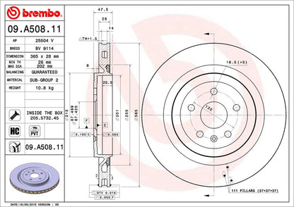 BREMBO 09A50811C02 Brembo 09.A508.11 UV Coated Pillar Vented Rear Brake Rotor CADILLAC/CHEVROLET OE# 25851166