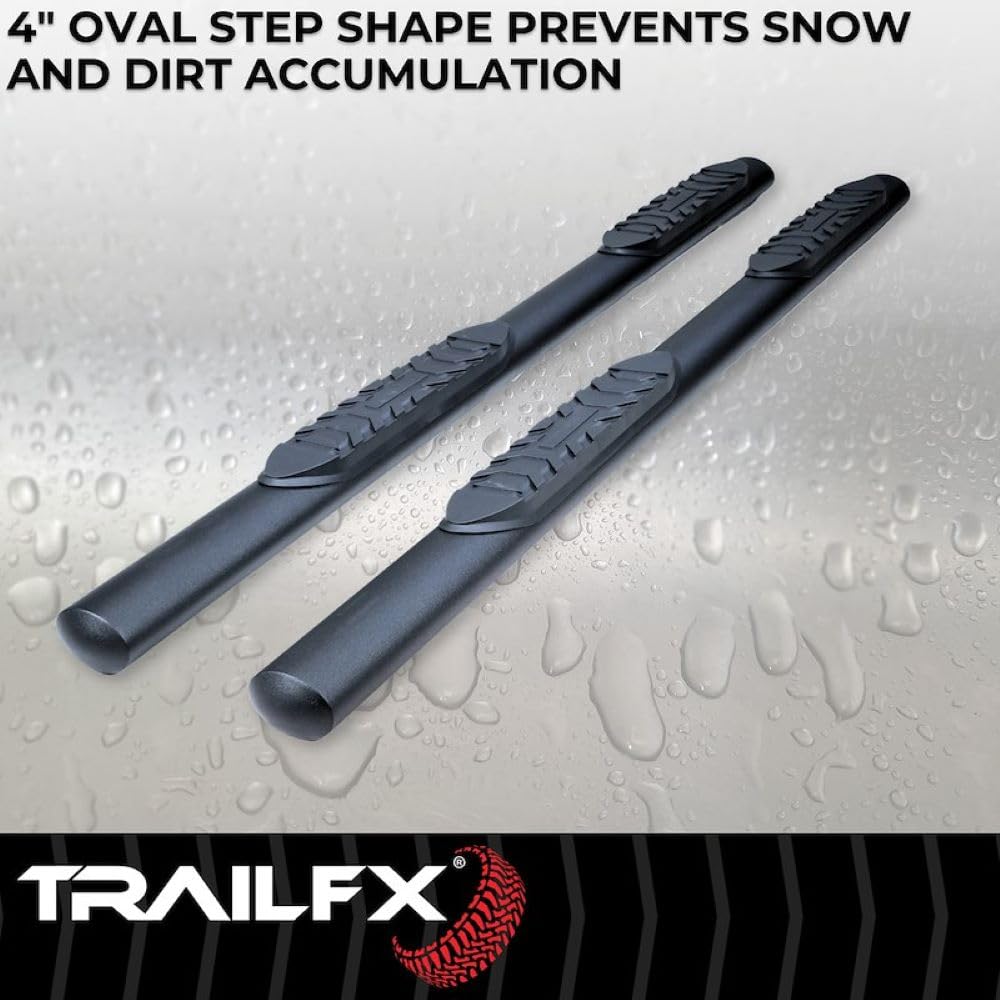 TRAILFX A1555T TrailFX Nerf Bars Fits Ford Bronco 4 Door 2021-2025 Steel 4 Inch Oval Straight Powder Coated Black with Step Pads Rocker Panel Mount Running Boards TrailFX A1555T