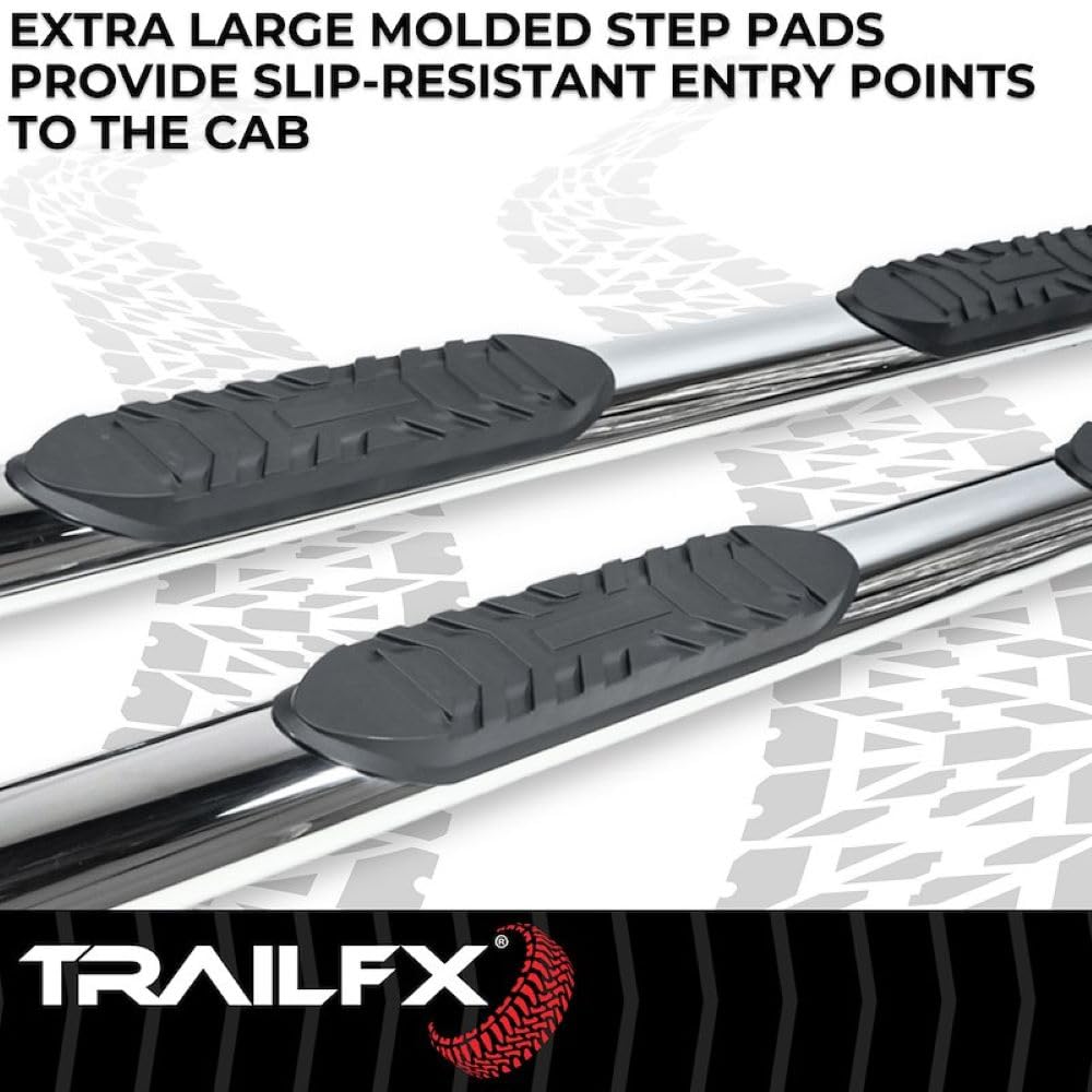 TRAILFX A1548S TrailFX Truck Side Steps Fits Chevy Silverado 1500 2020-2021 4-Inch Oval Polished Stainless Steel Nerf Bars Side Steps with Slip-Resistant Step Pads Rocker Panel Mount TrailFX A1548S Running Boards