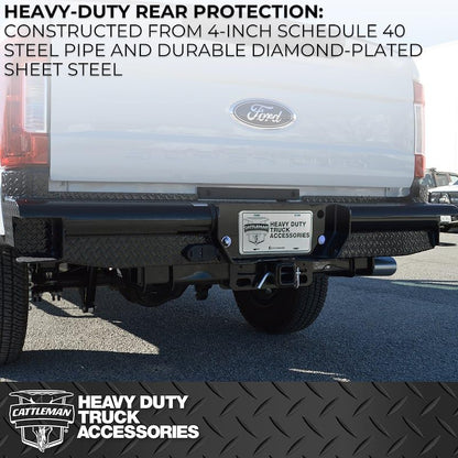 CATTLEMAN 4395S Cattleman HD 4395S Rear Pipe Bumper Fits Ford F-250 Super Duty 2017-2022 Gloss Black Powder-Coated Steel 1-Piece Bolt-On 4 Inch Schedule 40 Pipe Diamond Plate, 2 Inch Receiver Hitch