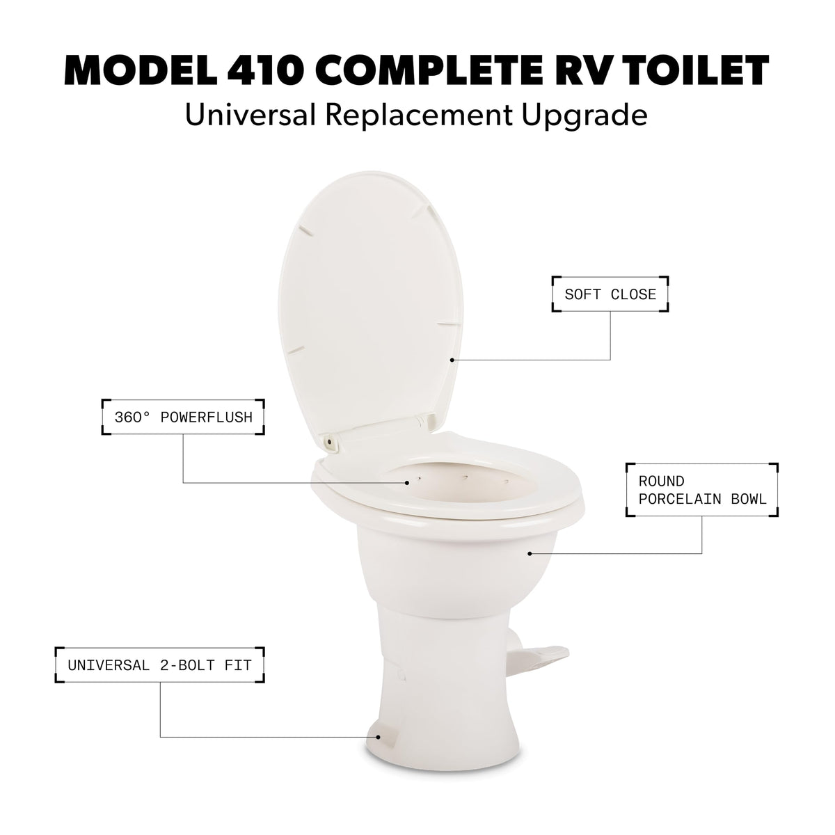 DOMETIC 9610008259 Dometic Model 410 Complete RV Toilet – Round Porcelain Bowl, Universal Fit & 2-Bolt Mount, 18" Chair Height Residential-Style, Gravity Flush Toilet with Soft-Close Seat, White (9610008259)