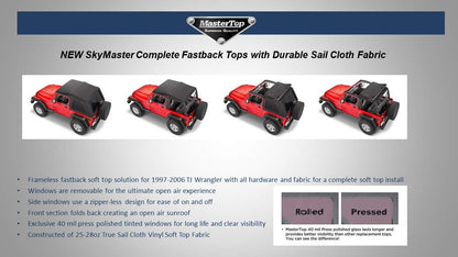 MASTERTOP 15501235 MasterTop SkyMaster Complete Fastback Soft Top in Black Diamond Vinyl|Works or is compatible with 1997-2006 Jeep TJ Wrangler|Includes all hardware and Fabric for a complete install|15501235