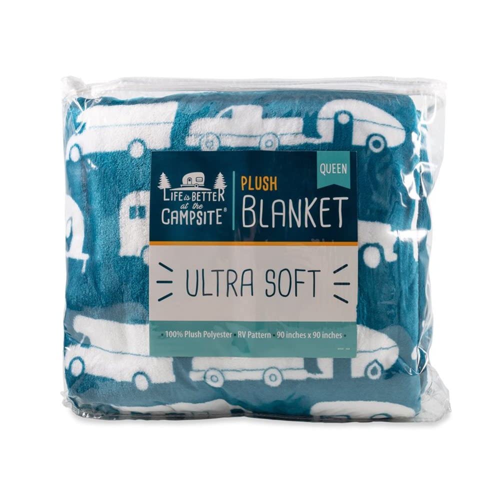 CAMCO 53440 Camco 53440 Life is Better at The Campsite Plush Fleece Blanket, Queen Size - Keeps You Warm While at Home, Camping or on Picnics - Machine Washable - Features a Brand RV Print, Blue