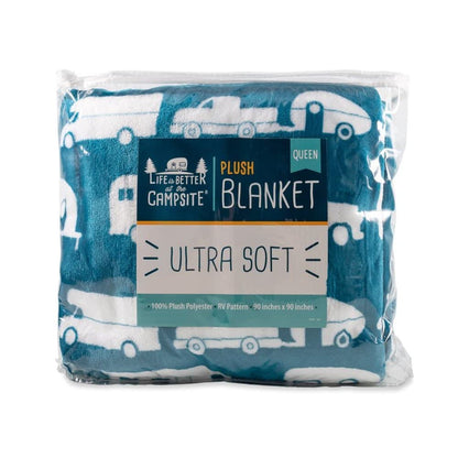 CAMCO 53440 Camco 53440 Life is Better at The Campsite Plush Fleece Blanket, Queen Size - Keeps You Warm While at Home, Camping or on Picnics - Machine Washable - Features a Brand RV Print, Blue