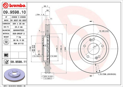 BREMBO 09.9598.11 Brembo 09.9598.11 UV Coated vented Front Brake Rotor HAWTAI/HYUNDAI OE# 5171226100