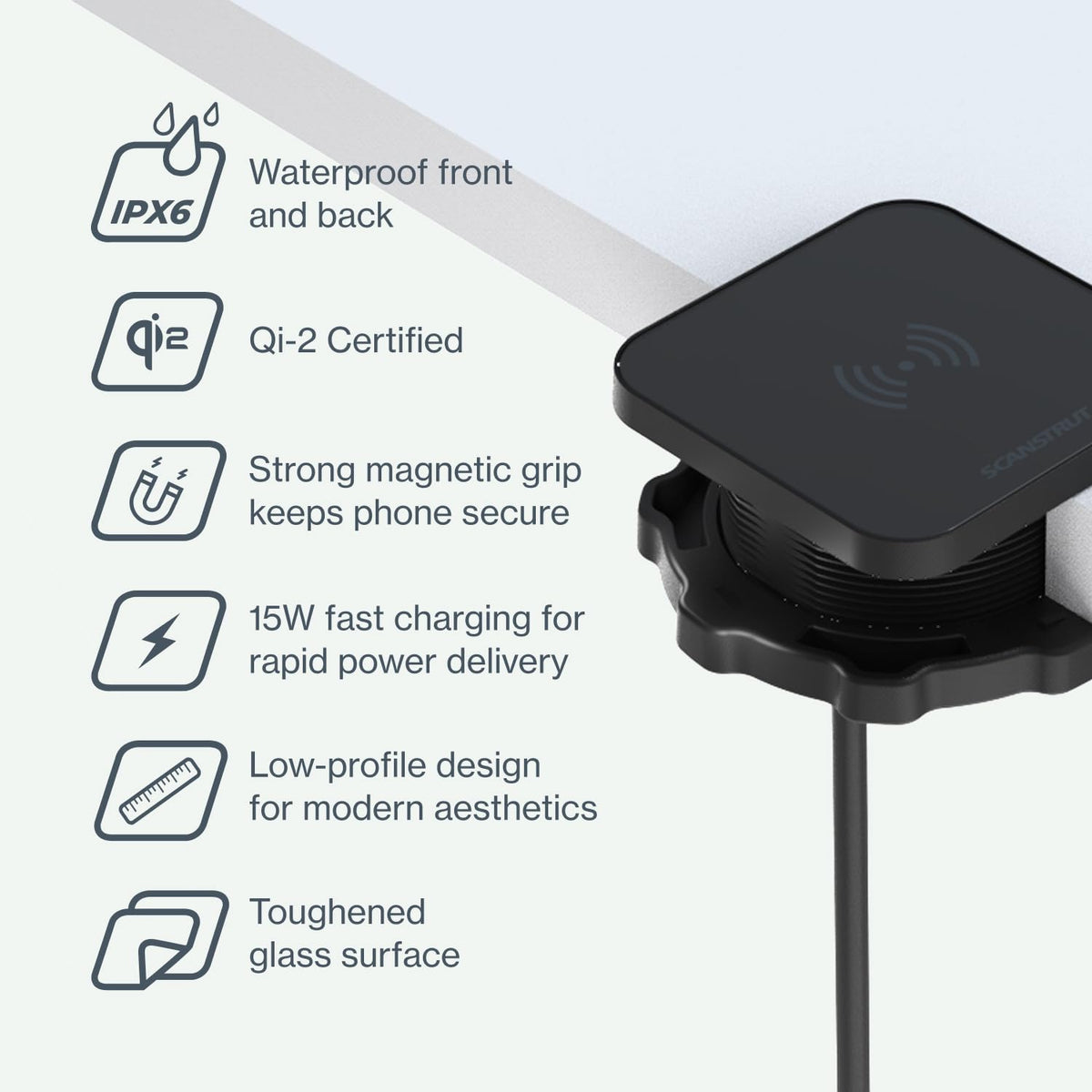 SCANSTRUT SC-CW-14G Scanstrut Ultra SC-CW-14G Magnetised Wireless Charger, Qi2 15W Fast Charging, IPX6 Waterproof, MagSafe Compatible, 12/24V DC, Flush Mount for Marine, RV & Outdoor Use