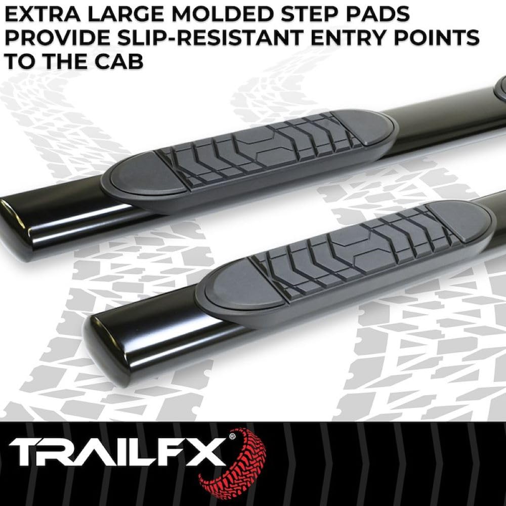 TRAILFX A7089B TrailFX Side Step Bars Fits 2023–2025 Chevy Silverado 1500 5 Inch Oval Straight Nerf Bars with Step Pads Black Semi-Gloss Powder-Coated Steel Rocker Panel Mount Set of 2 TrailFX A7089B