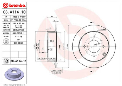 BREMBO 08A11411C02 Brembo 08.A114.11 UV Coated solid Rear Brake Rotor HYUNDAI/HYUNDAI (BEIJING)/KIA/KIA (DYK) OE# 5841138310