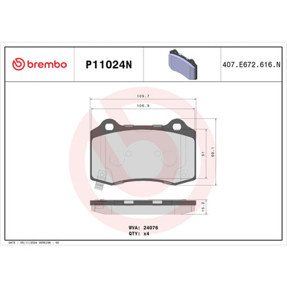 BREMBO P11024N Brembo P11024N Premium Ceramic Rear Disc Brake Pad Set CADILLAC/CHEVROLET/CHRYSLER/DODGE/FPV/JEEP OE# 89047744