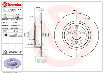 BREMBO 08C30111C02 Brembo 08.C301.11 UV Coated solid Rear Brake Rotor LAND ROVER/LAND ROVER (CHERY) OE# LR072016