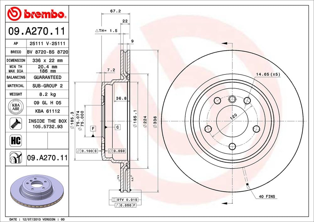 BREMBO 09A27011C02 Brembo 09.A270.11 UV Coated vented Rear Brake Rotor BMW/BMW (BRILLIANCE) OE# 34216855004