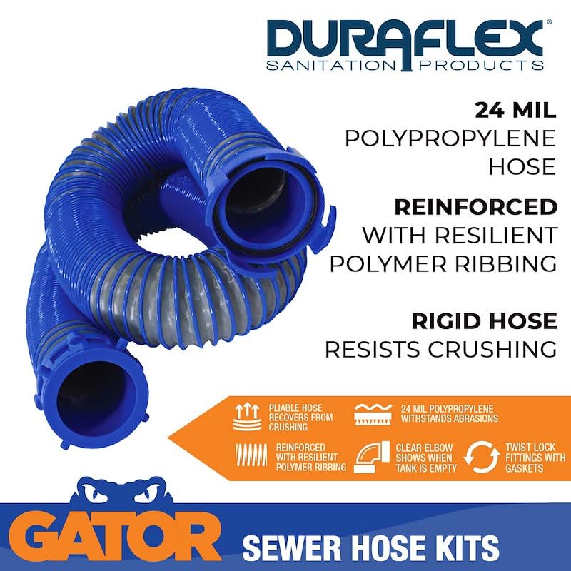 DURAFLEX 22005 Duraflex 22005 Gator 15 Foot Extended Sewer Hose Kit 3 Inch Diameter 24 Mil Polypropylene Polymer Ribbed Construction Charcoal Gray with Clear Elbow and Two Drip Caps