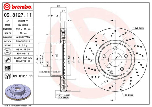 BREMBO 09812711C02 Brembo 09.8127.11 UV Coated vented drilled Front Brake Rotor MERCEDES-BENZ OE# A2204210912