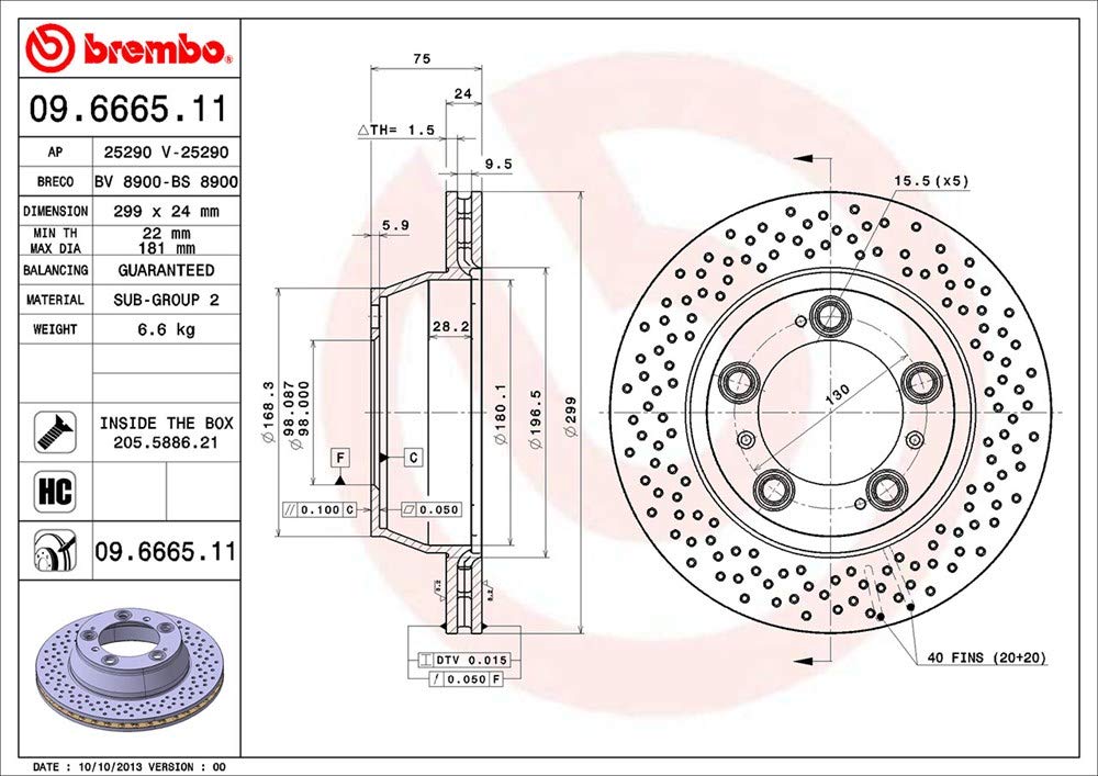 BREMBO 09666511C02 Brembo 09.6665.11 UV Coated vented drilled Rear Brake Rotor PORSCHE OE# 99635240104