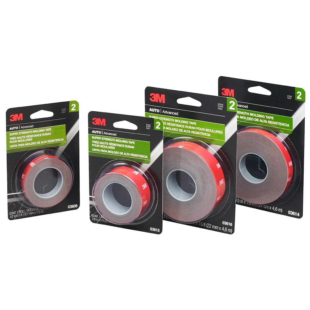 3M 03614 3M Super-Strength Molding Tape, 1/2 in x 15 ft, High Double-Sided Adhesive, Permanently Attaches Side Moldings, Trim and Emblems to Interior and Exterior of Vehicles (03614)