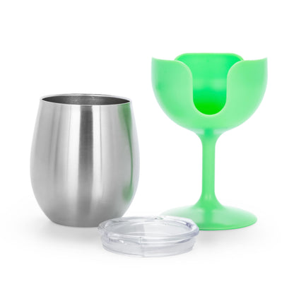 CAMCO 51916 Stainless Steel Wine Tumbler Set with Removable Sunshine Yellow and Lime Green Wine Glass Stems- Leak Proof Lid, Vacuum Insulated, BPA Free 8 oz - (51916)
