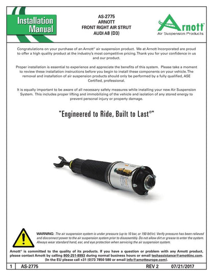 ARNOTT AS-2775 Arnott Front Right Air Strut - 04-10 Audi A8 Quattro (D3) w/Out Sport Suspension